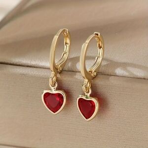 Gold Hoop Earrings with Red Heart Drop Charm